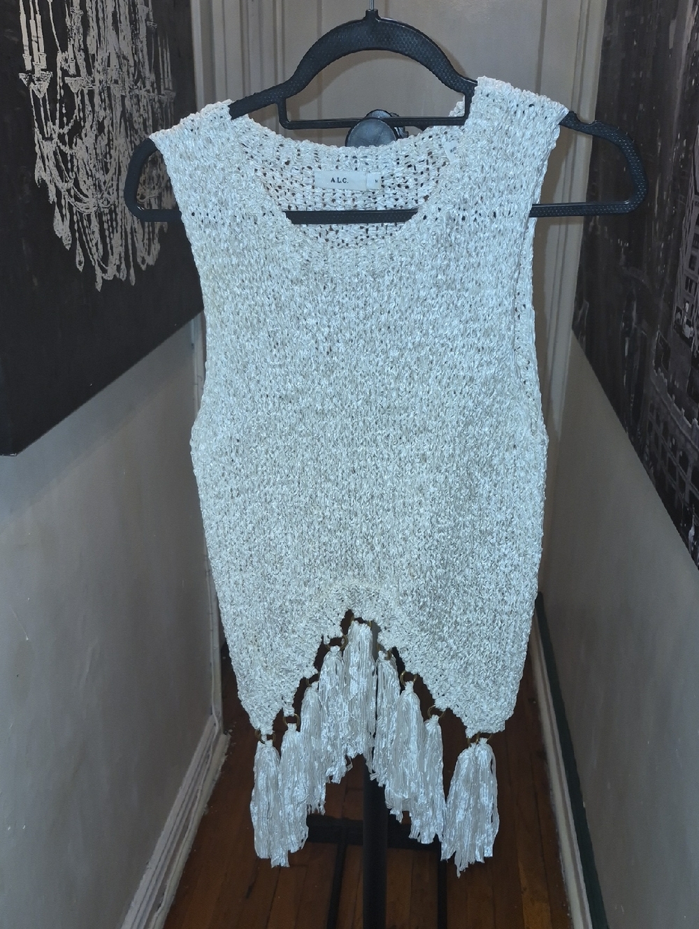 A.L.C. Cream Knit Fringe Hem Tank Top